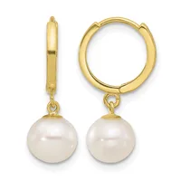 A pair of gold hoop earrings with white pearl drops attached, shown from front and side views.