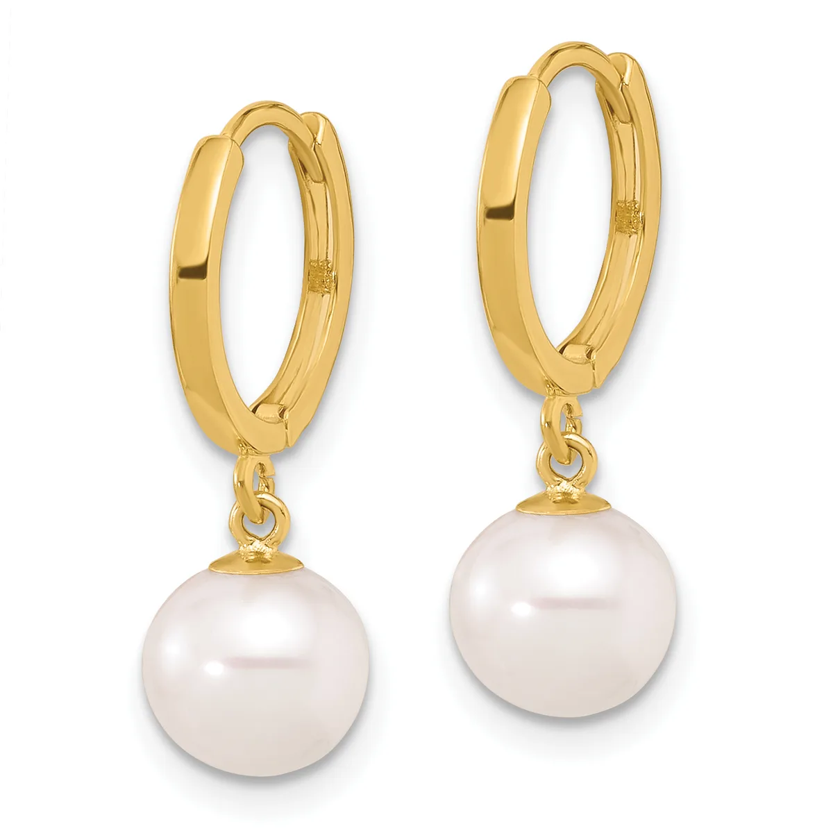 A pair of gold hoop earrings with white pearl drops attached by small gold connectors.