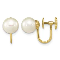 Two views of a pair of gold screw-back earrings, each featuring a round white pearl set in a ribbed gold cup.