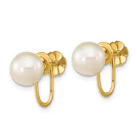 Pair of gold-toned clip-on earrings with white pearl studs and curved wire backs, shown from the front.