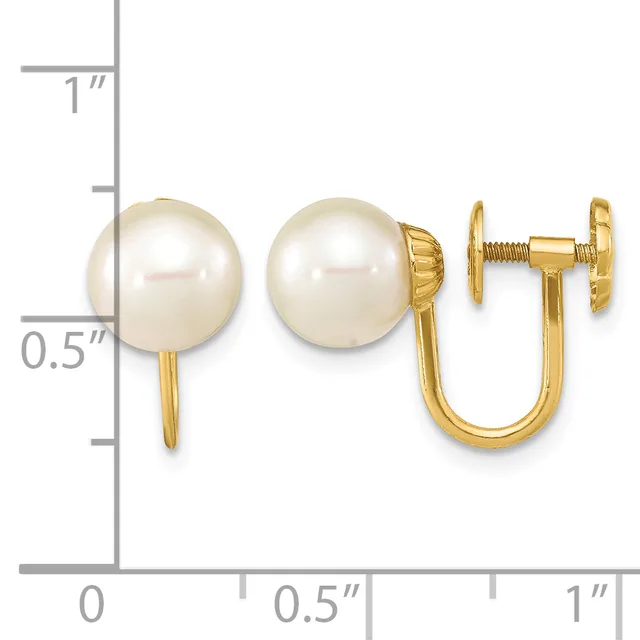 Pair of gold-toned earrings with cream-colored pearl studs, shown next to a ruler indicating approximately half-inch diameter pearls with screw-back closures.