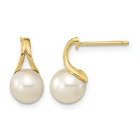 A pair of gold drop earrings with white pearl spheres suspended from curved gold bezels, shown from front and side views.