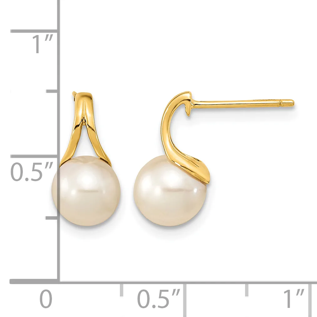 A pair of gold drop earrings with cream-colored pearl pendants, shown next to a measurement scale indicating approximately 0.75 inches in length.