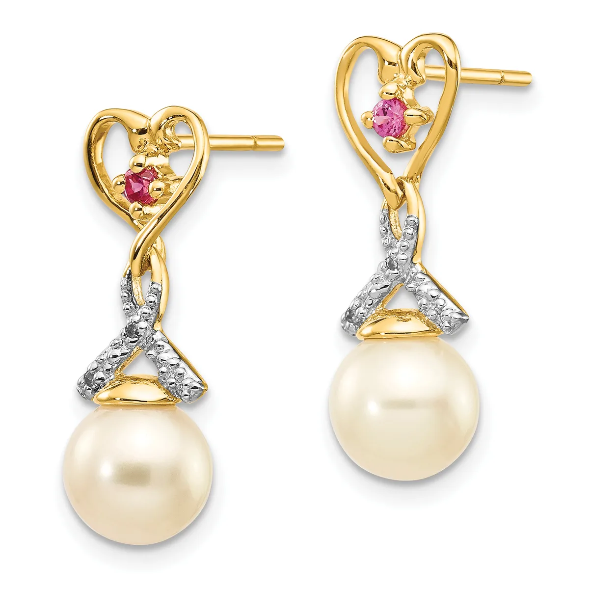 A pair of gold heart stud earrings with pink gemstones, featuring white diamond accents and cream pearl drops.