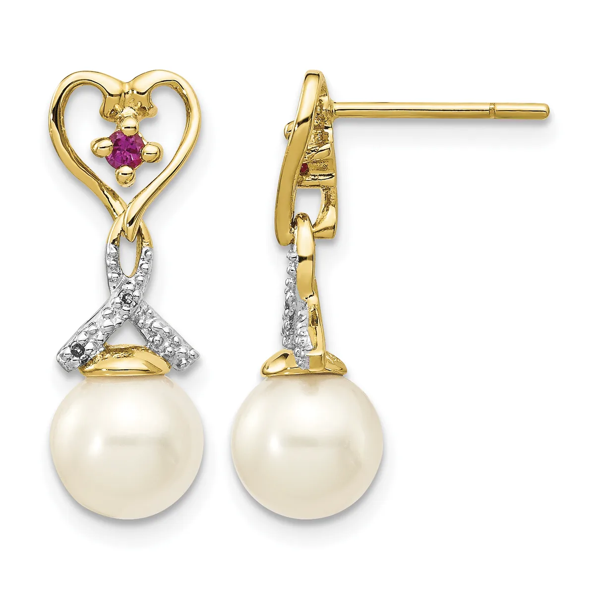 Gold heart stud earrings with purple gemstones, diamond accents, and dangling cream-colored pearl drops, shown from front and side views.