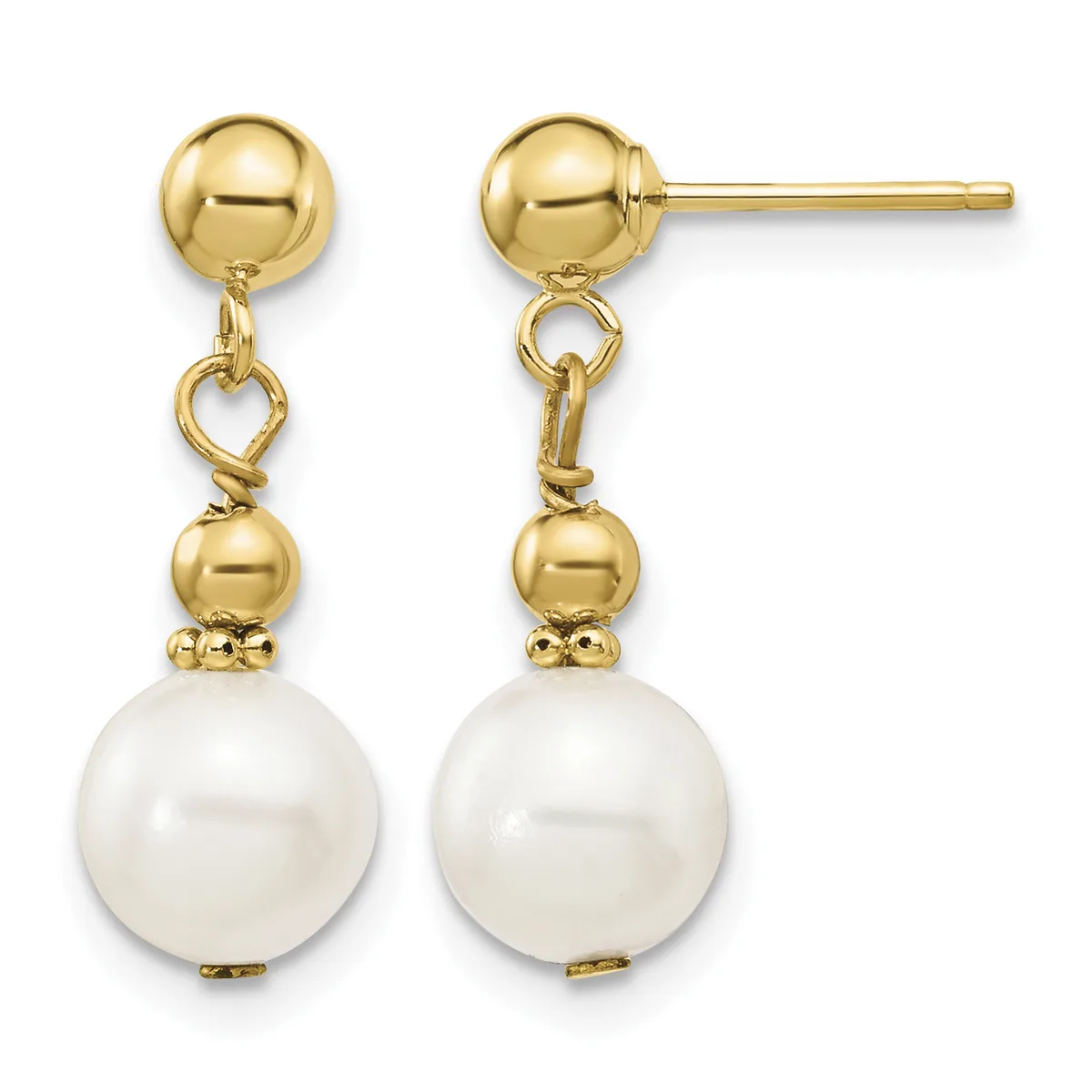 Pair of gold drop earrings with polished spheres at top, delicate chain links, smaller gold beads, and large white pearl spheres suspended below, shown front and side view.