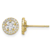 Pair of gold stud earrings featuring round halos of small diamonds surrounding larger round diamonds in the center, shown from front and side views.