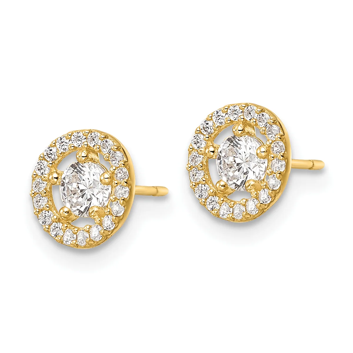 Pair of gold stud earrings with oval-shaped diamond centers surrounded by smaller diamonds in a halo setting.
