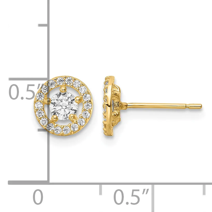 Pair of gold stud earrings featuring round halos of small diamonds surrounding larger round diamonds in the centers, shown front and side view with a measurement scale.