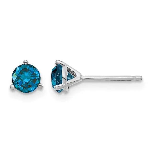 A pair of round brilliant-cut blue topaz stud earrings in white metal, shown from front and side views displaying the three-prong basket settings and post backs.