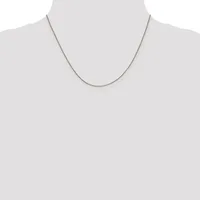 A thin silver-toned chain necklace displayed on a mannequin neck form against a light gray background.