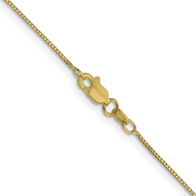 A gold box chain necklace with a lobster claw clasp and jump rings, displayed diagonally against a white background.