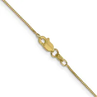 A gold box chain necklace with a lobster claw clasp and jump rings, displayed diagonally against a white background.