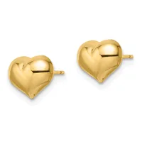 A pair of polished gold puffy heart stud earrings with posts, shown from the front against a white background.