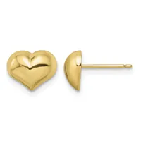 A pair of gold heart-shaped stud earrings shown from front and side views, displaying a polished, puffy design with a small post and backing visible.