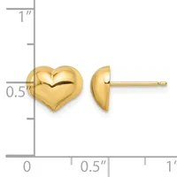 Pair of polished yellow gold heart-shaped stud earrings shown front and side view with a measurement scale indicating approximately half-inch width.