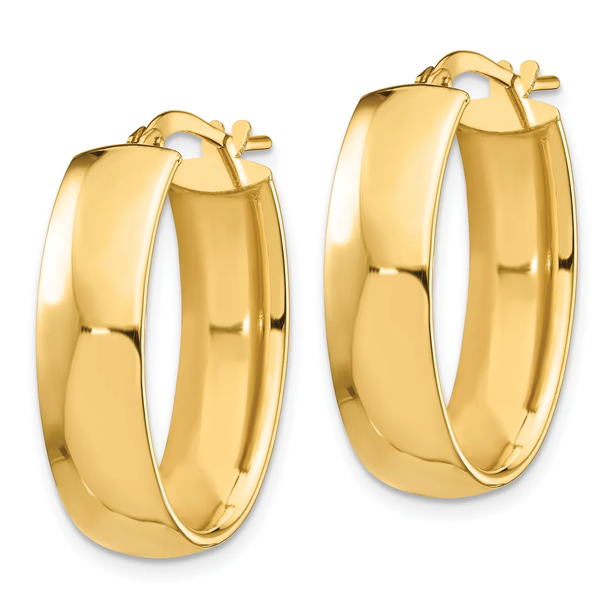 A pair of polished gold hoop earrings with chunky, rounded profiles and hinged backs, shown from the front at slightly different angles.