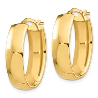 A pair of polished gold hoop earrings with chunky, rounded profiles and hinged backs, shown from the front at slightly different angles.