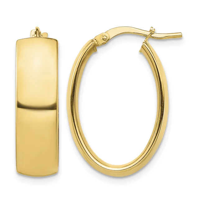 A pair of polished gold hoop earrings shown from front and side views, featuring a chunky oval shape with a small post and clutch closure.