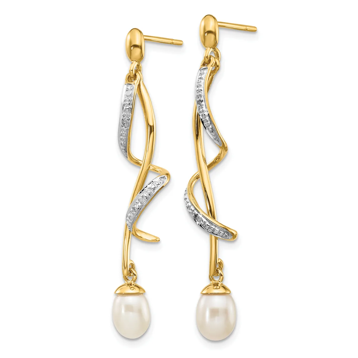 Pair of gold and silver two-tone drop earrings with twisted metal designs, diamond accents, and pearl drops hanging from post backs.