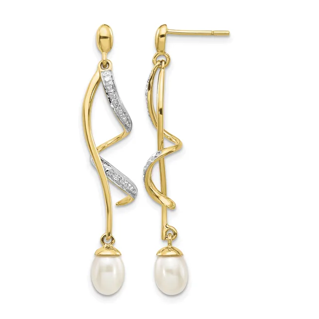 Pair of gold drop earrings with twisted diamond-accented upper sections and white pearl drops, shown from front and side views.