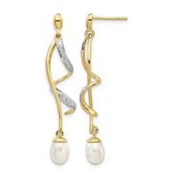 Pair of gold drop earrings with twisted diamond-accented upper sections and white pearl drops, shown from front and side views.