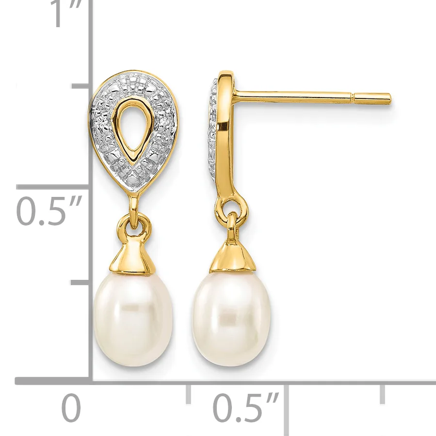 Pair of gold teardrop earrings with diamond-paved tops and white pearl drops, shown front and side view with a measurement scale.