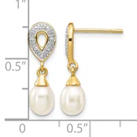 Pair of gold teardrop earrings with diamond-paved tops and white pearl drops, shown front and side view with a measurement scale.