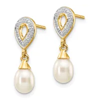 Pair of gold and diamond teardrop earrings with dangling white pearl drops, shown on white background.