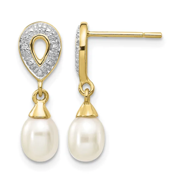 Pair of gold teardrop earrings with diamond pavé tops and pearl drops, shown from front and side views.