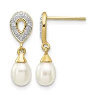 Pair of gold teardrop earrings with diamond pavé tops and pearl drops, shown from front and side views.