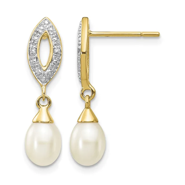 Pair of gold and diamond drop earrings with cream-colored pearl pendants, shown from front and side views.