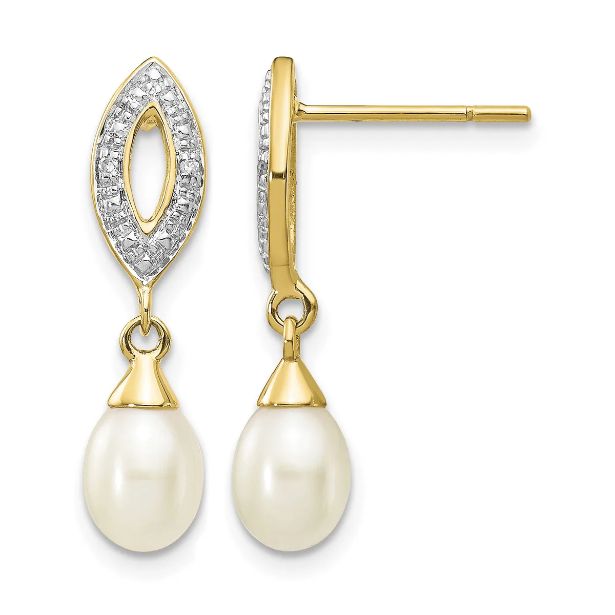 Pair of gold and diamond drop earrings with cream-colored pearl pendants, shown from front and side views.