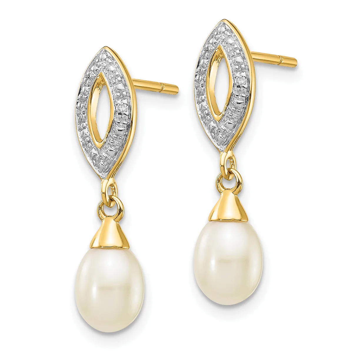 A pair of gold and diamond drop earrings with marquise-shaped tops featuring diamond pavé borders and cream-colored pearl drops suspended below.