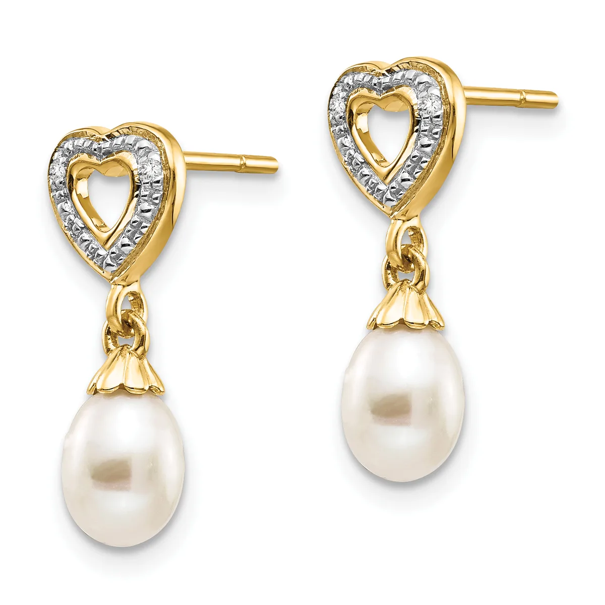 Pair of gold heart stud earrings with diamond accents and white pearl drops, shown from the front against a white background.