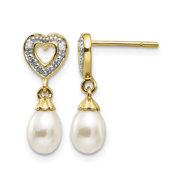 Pair of gold heart stud earrings with diamond accents and pearl drop pendants, shown from the front.