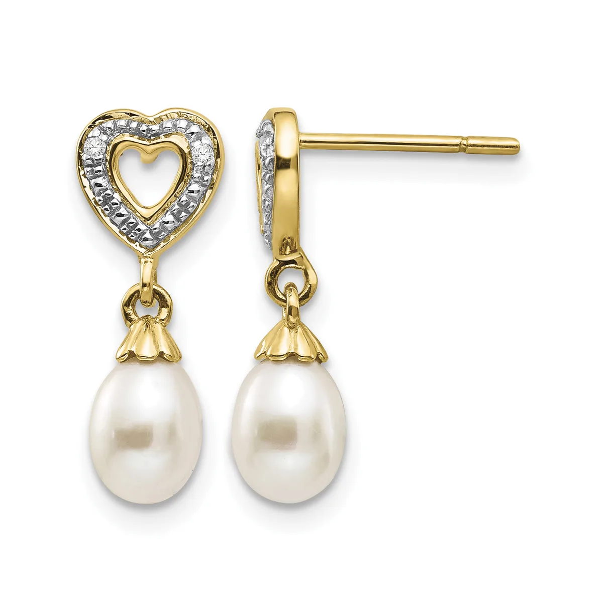 Pair of gold heart stud earrings with diamond accents and pearl drop pendants, shown from the front.