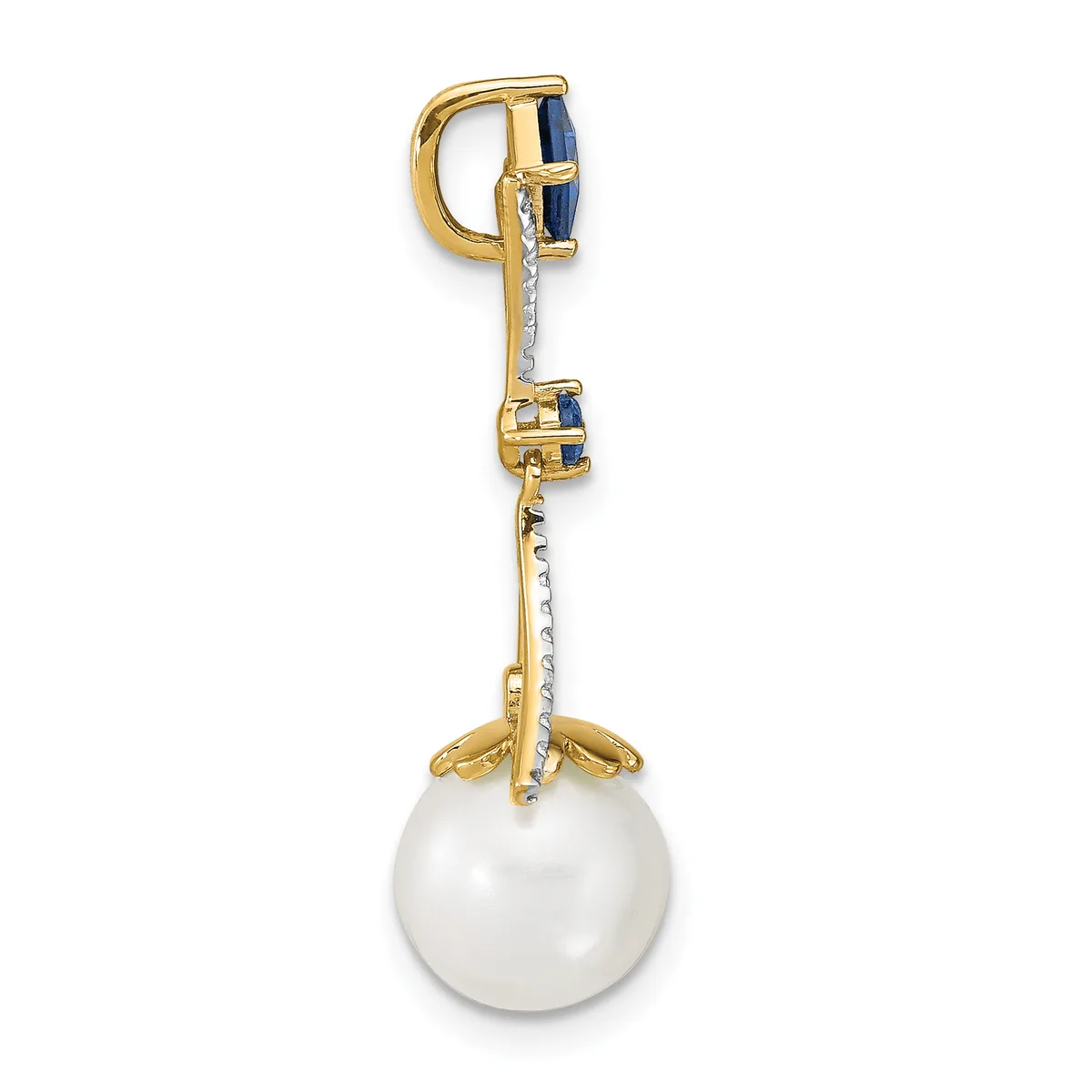 Gold pendant with a rectangular top loop, sapphire accent stones, white pearl drop, and decorative leaf-shaped base.