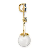 Gold pendant with a rectangular top loop, sapphire accent stones, white pearl drop, and decorative leaf-shaped base.