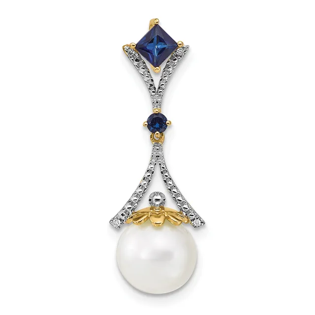 A two-tone pendant with a princess-cut blue sapphire at the top, a smaller round blue sapphire in the middle section, and a large white pearl at the bottom, accented with diamonds and gold and silver metalwork.