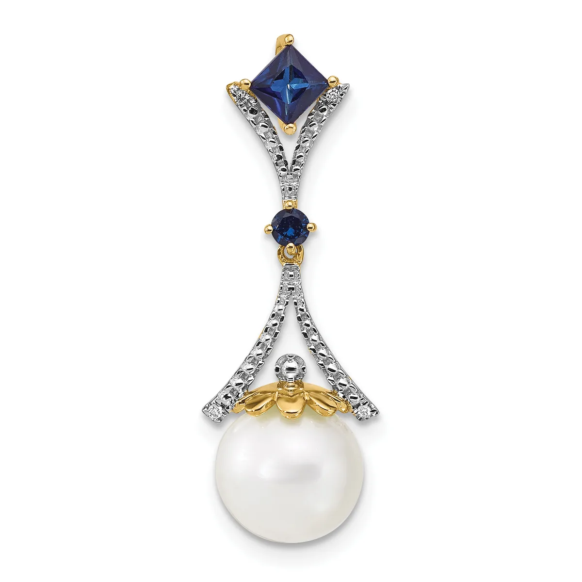 A two-tone pendant with a princess-cut blue sapphire at the top, a smaller round blue sapphire in the middle section, and a large white pearl at the bottom, accented with diamonds and gold and silver metalwork.