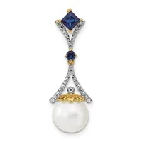 A two-tone pendant with a princess-cut blue sapphire at the top, a smaller round blue sapphire in the middle section, and a large white pearl at the bottom, accented with diamonds and gold and silver metalwork.