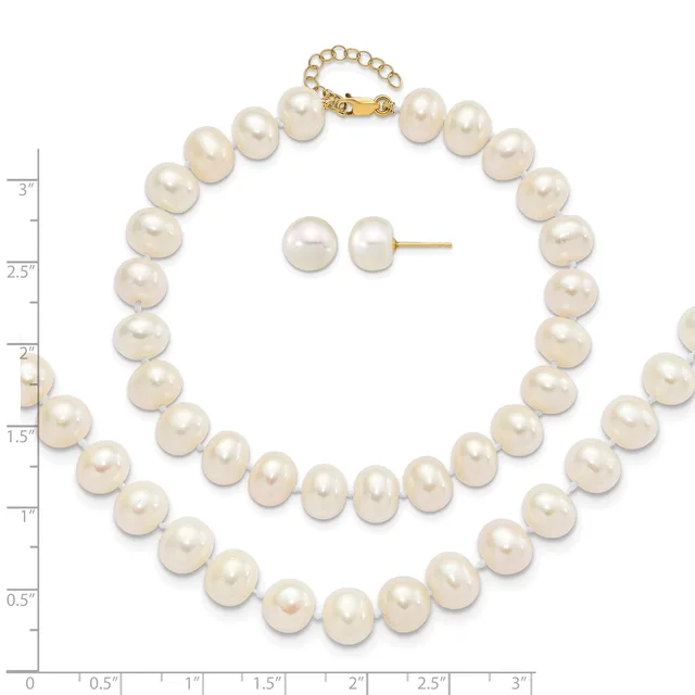 Two-strand pearl necklace with matching pearl stud earrings, displayed against a measurement grid showing the necklace is approximately 18 inches long.