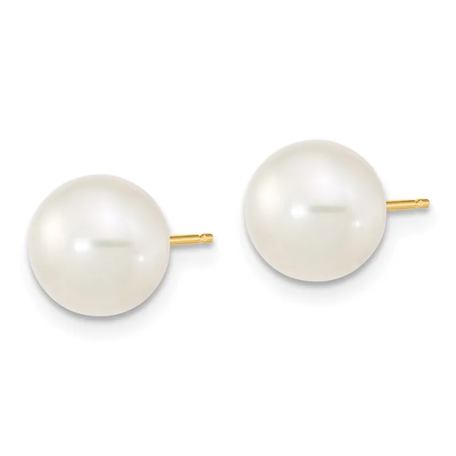 A pair of round white pearl stud earrings with gold posts and backs, displayed side by side against a white background.