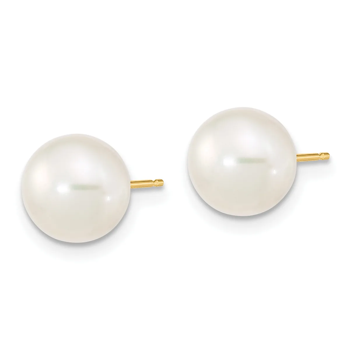 A pair of round white pearl stud earrings with gold posts and backs, displayed side by side against a white background.