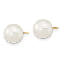 A pair of round white pearl stud earrings with gold posts and backs, displayed side by side against a white background.