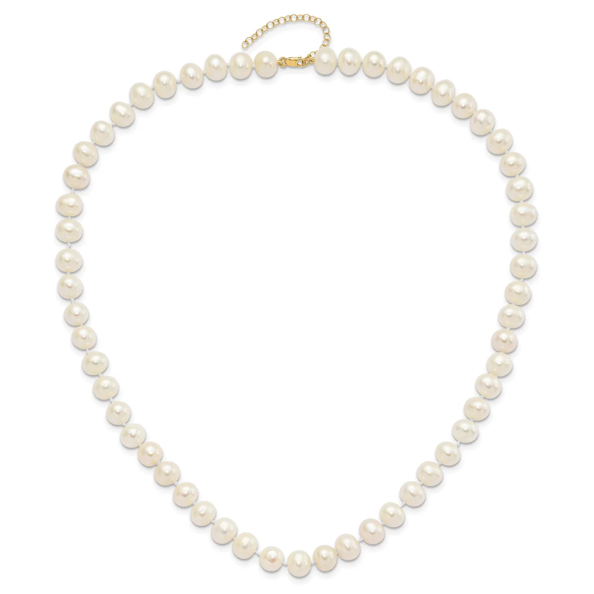 A strand of round cream-colored pearls with a gold-tone chain clasp, displayed as a closed necklace.