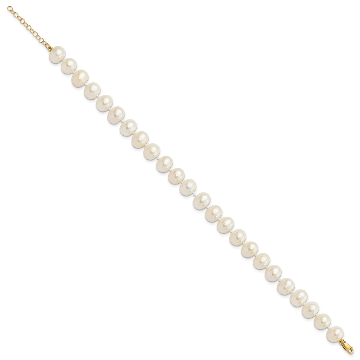 A gold chain bracelet with evenly spaced white pearl beads strung along its length, displayed diagonally against a white background.
