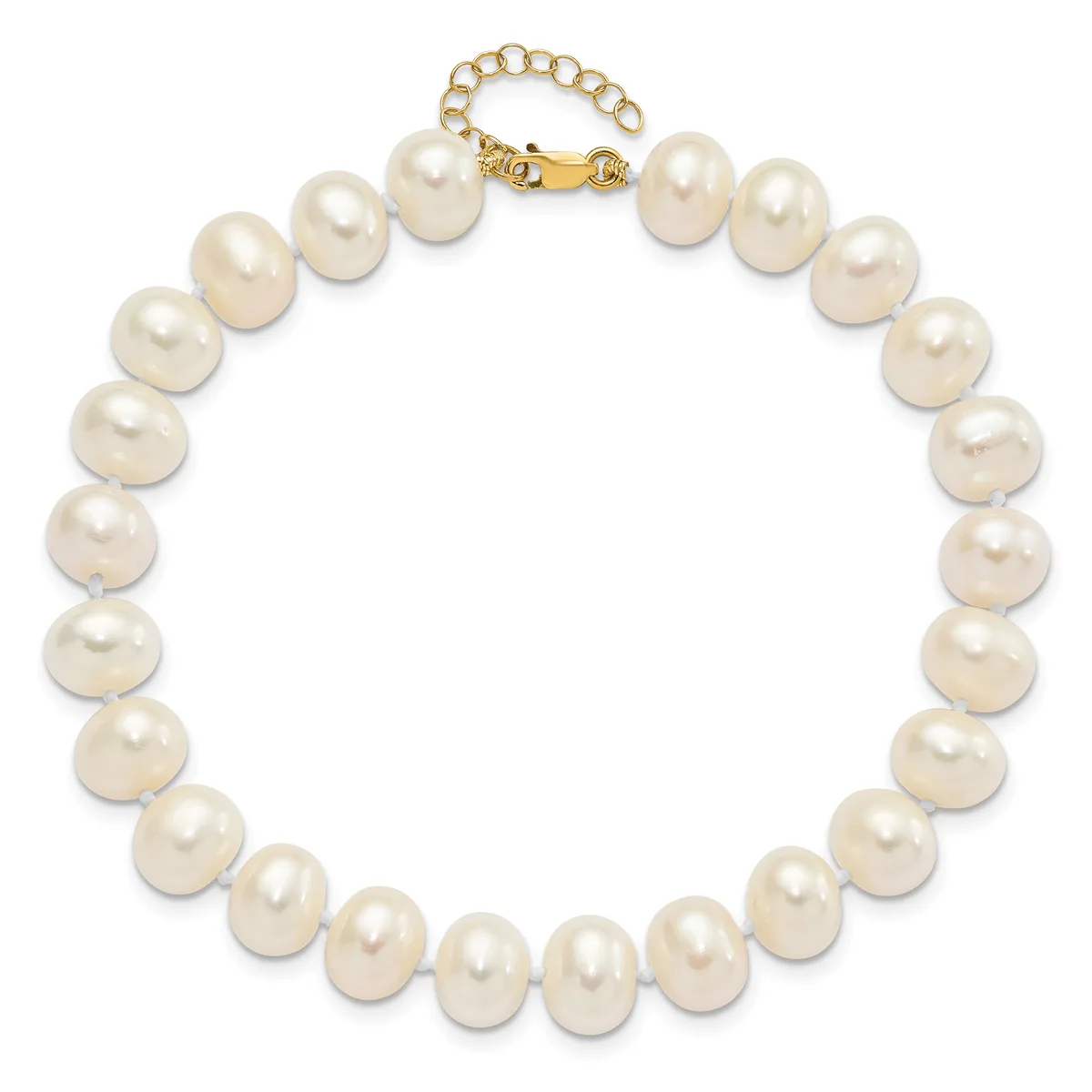 A strand of round cream-colored pearls connected by a gold-toned clasp with an adjustable chain extender.