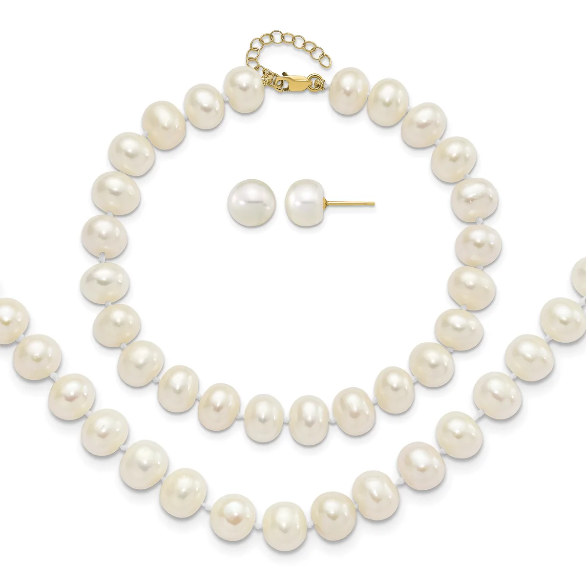 Two-strand cream pearl necklace with gold clasp and matching pearl stud earrings displayed on white background.